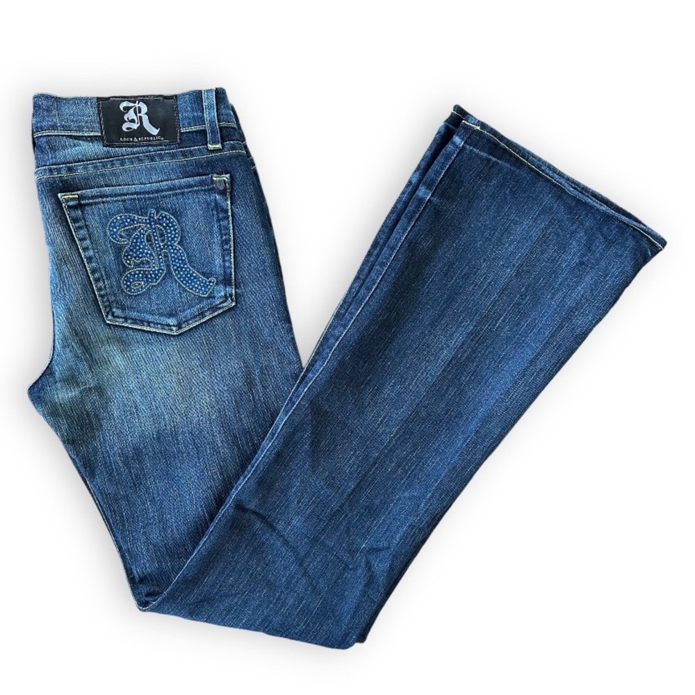 ROCK & REPUBLIC 90s Y2K RARE Iridescent Rhinestone Dark Wash Embroidered Jeans